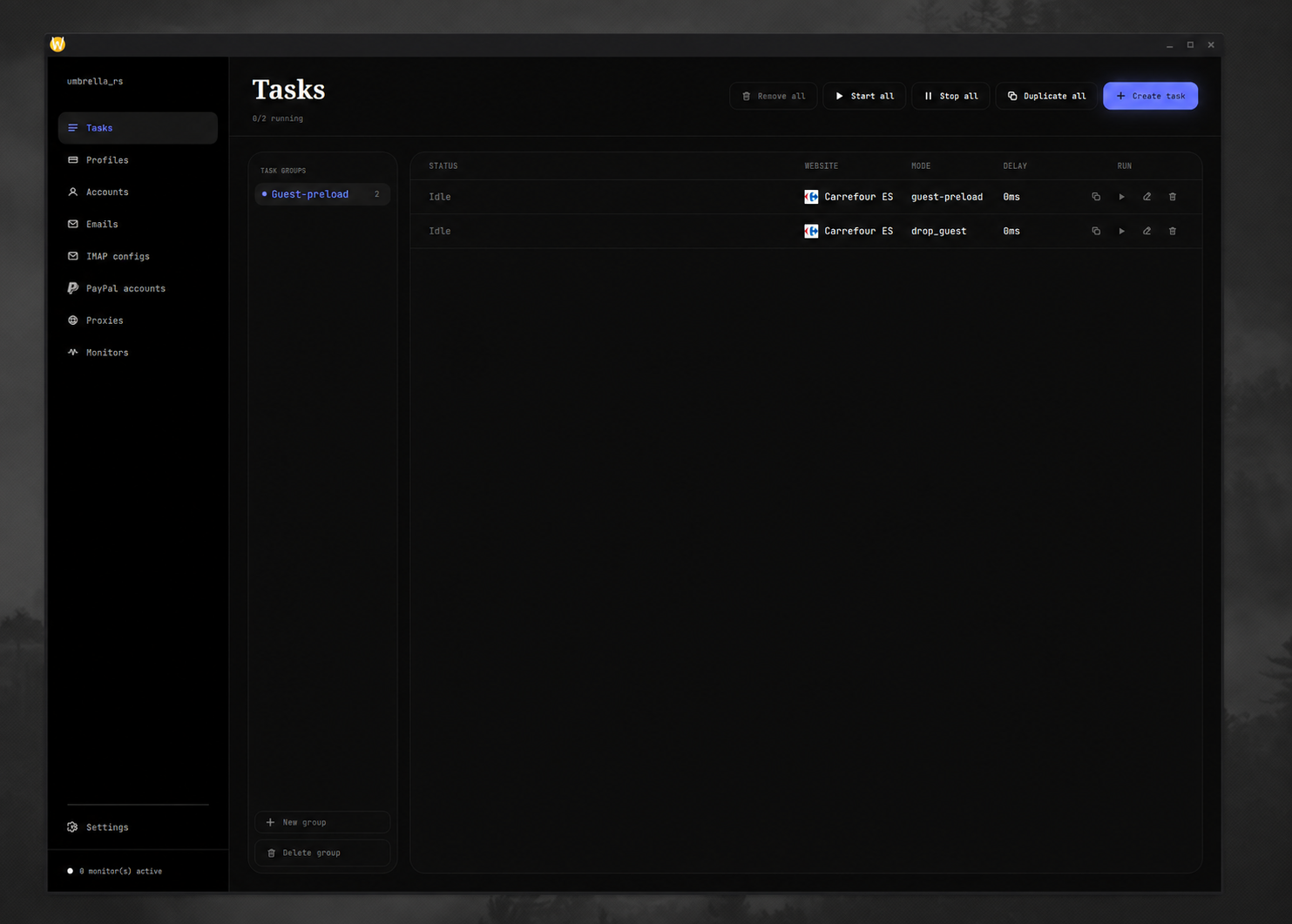 The umbrella_rs Tasks screen with task groups and task controls